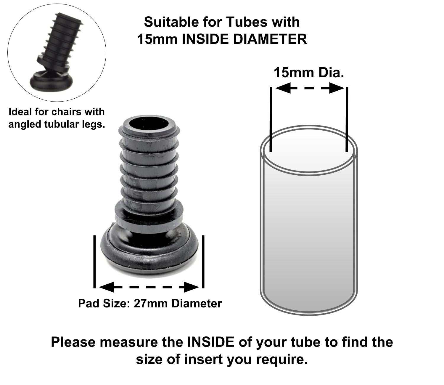Metal Chair Leg Inserts Nylon Gliders (For tubes with 15mm Inside Diameter - Pad Size 27mm) Made in Germany | Keay Vital Parts - Keay Vital Parts