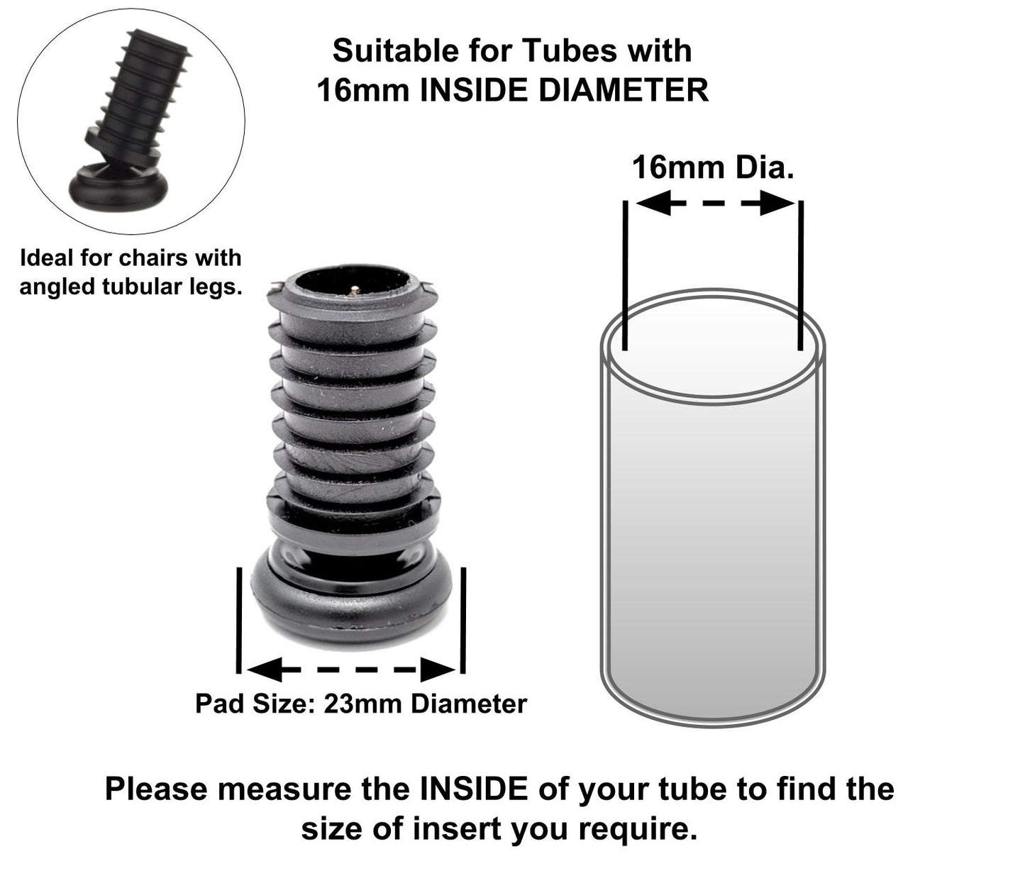 Metal Chair Leg Inserts Nylon Gliders (For tubes with 16mm Inside Diameter - Pad Size 23mm) Made in Germany | Keay Vital Parts - Keay Vital Parts