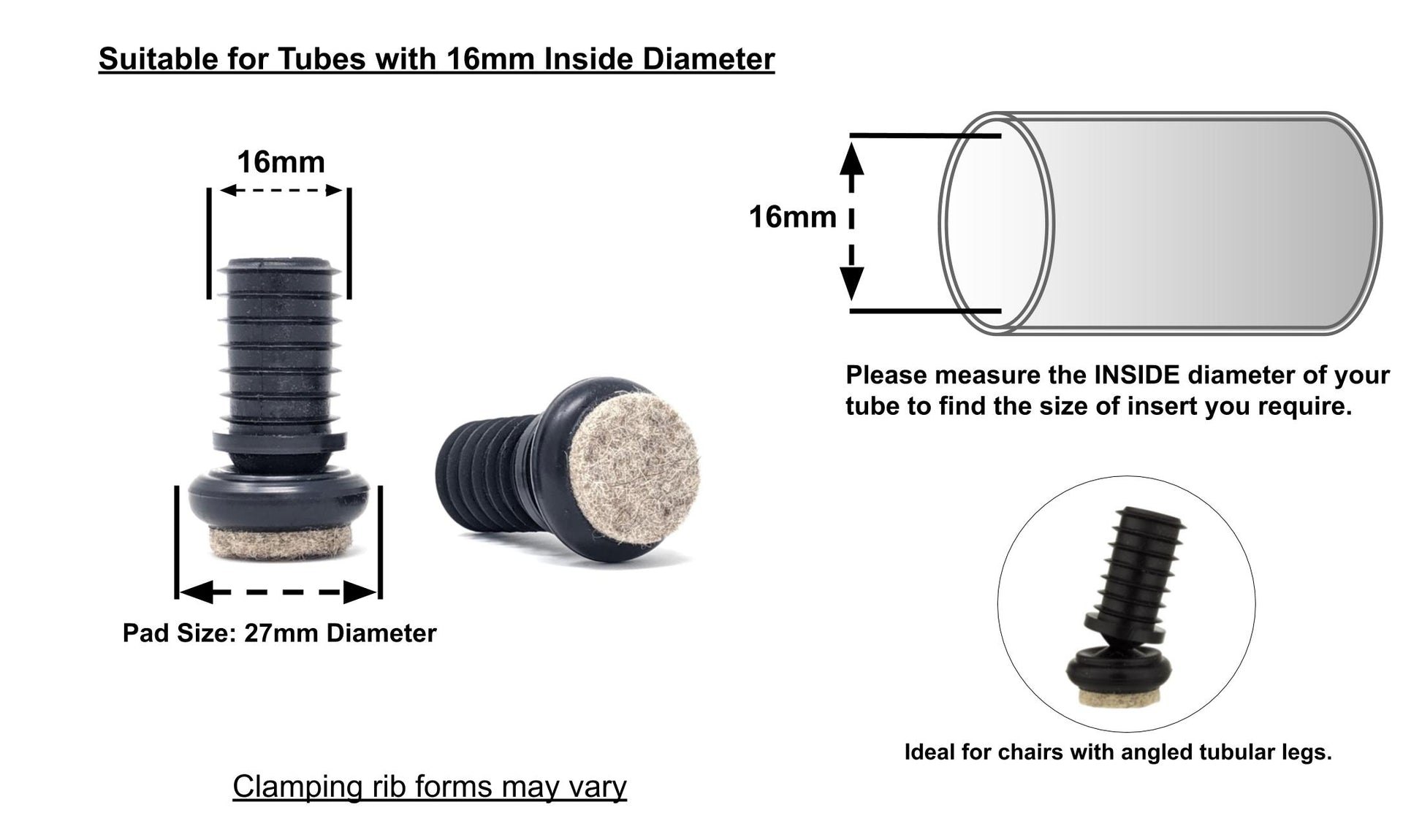 Metal Chair Leg Inserts Felt Gliders (For tubes with 16mm Inside Diameter - Pad Size 27mm) Made in Germany | Keay Vital Parts - Keay Vital Parts