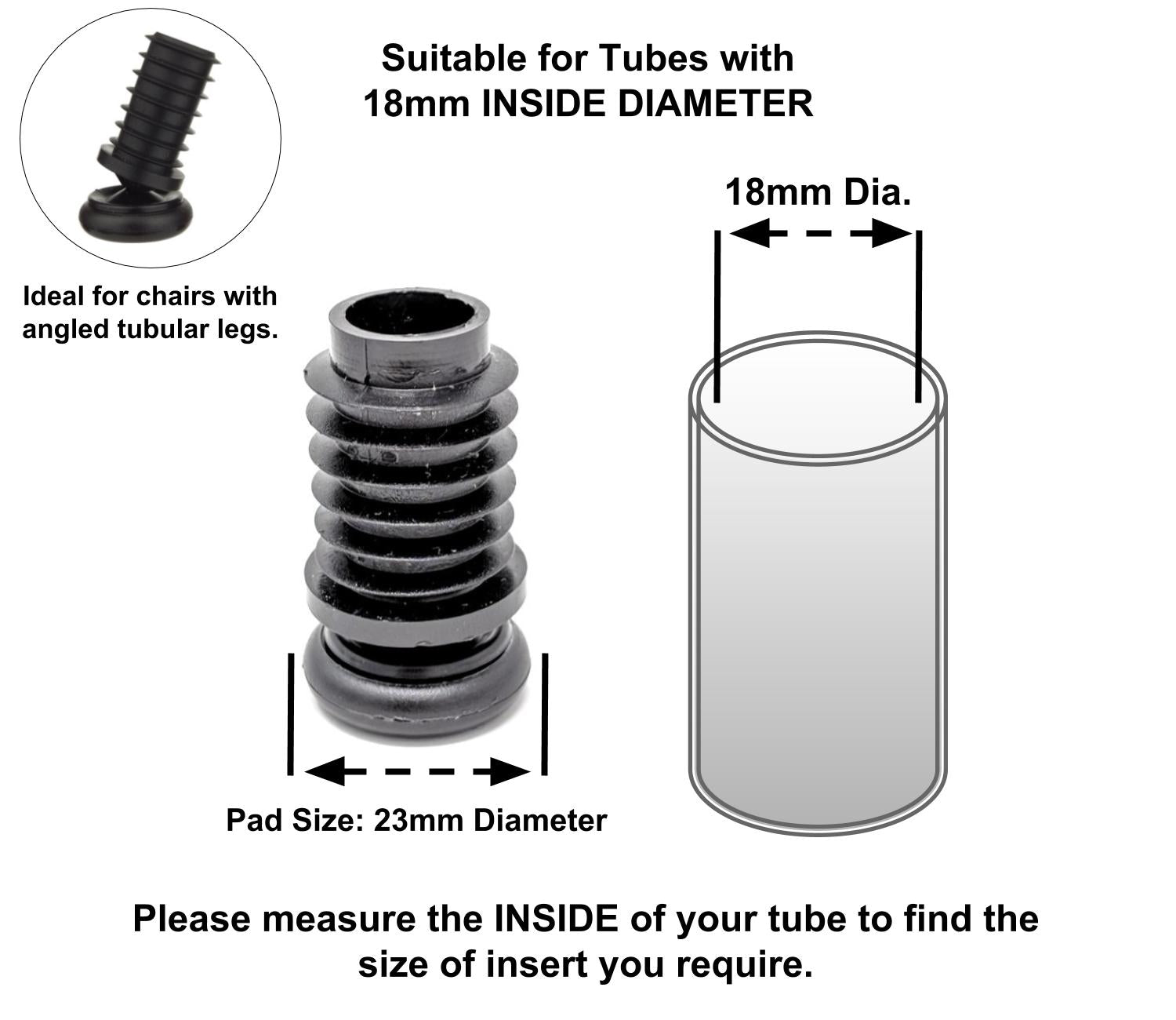 Metal Chair Leg Inserts Nylon Gliders (For tubes with 18mm Inside Diameter - Pad Size 23mm) Made in Germany | Keay Vital Parts - Keay Vital Parts