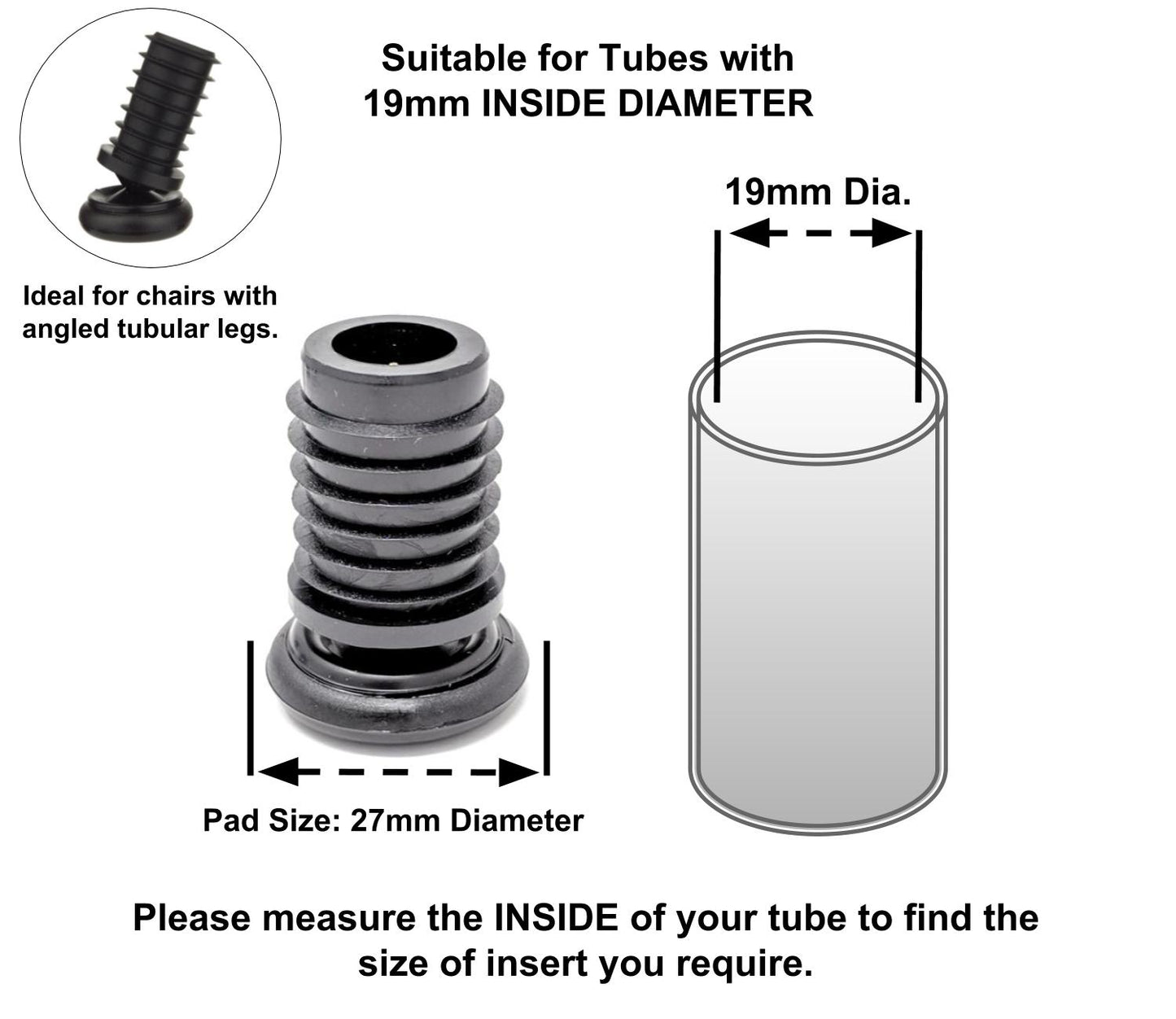 Metal Chair Leg Inserts Nylon Gliders (For tubes with 19mm Inside Diameter - Pad Size 27mm) Made in Germany | Keay Vital Parts - Keay Vital Parts