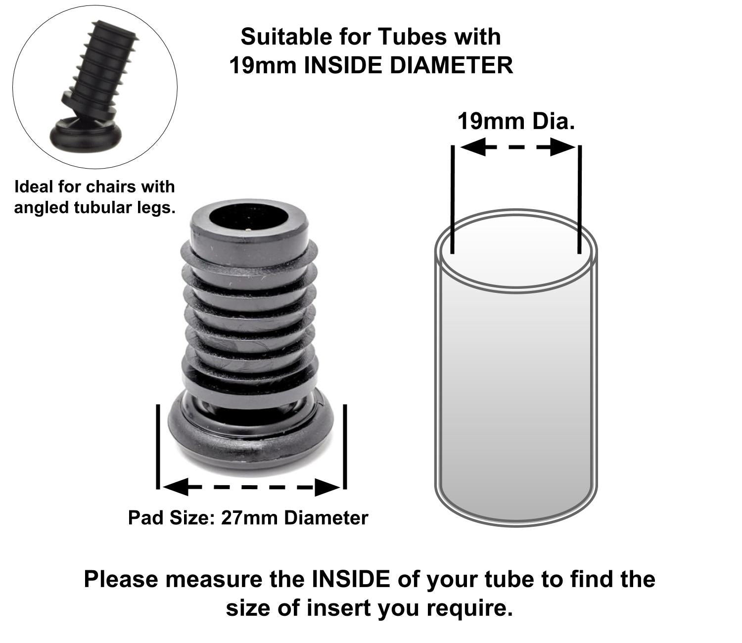 Metal Chair Leg Inserts Nylon Gliders (For tubes with 19mm Inside Diameter - Pad Size 27mm) Made in Germany | Keay Vital Parts - Keay Vital Parts