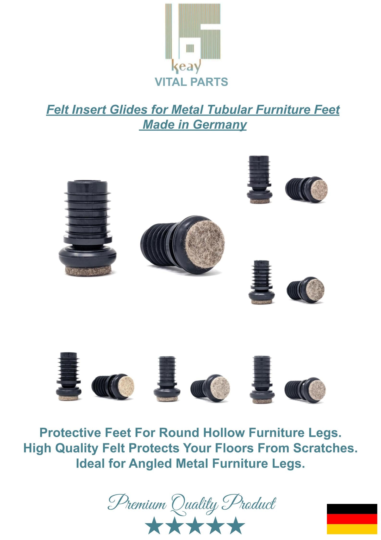 Metal Chair Leg Inserts Felt Gliders (For tubes with 15mm Inside Diameter - Pad Size 27mm) Made in Germany | Keay Vital Parts - Keay Vital Parts