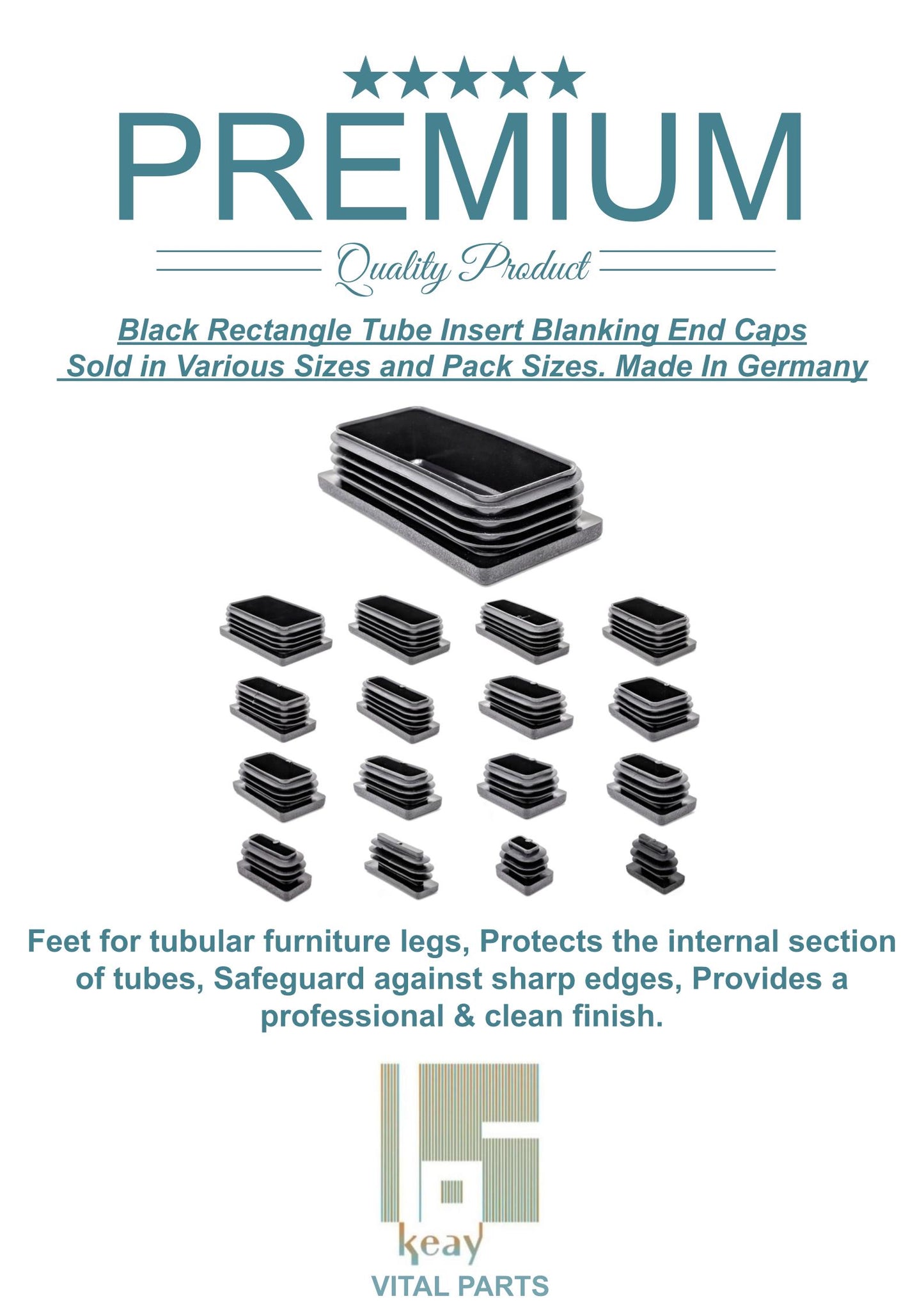 Rectangular Tube Inserts 50mm x 20mm Black | Made in Germany | Keay Vital Parts - Keay Vital Parts