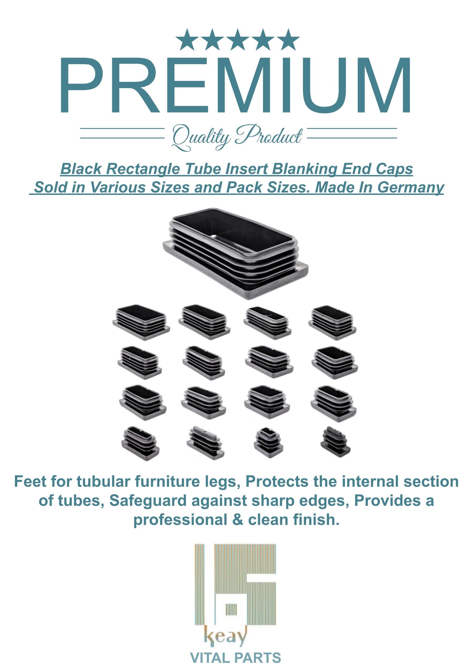 Rectangular Tube Inserts 50mm x 20mm Black | Made in Germany | Keay Vital Parts - Keay Vital Parts
