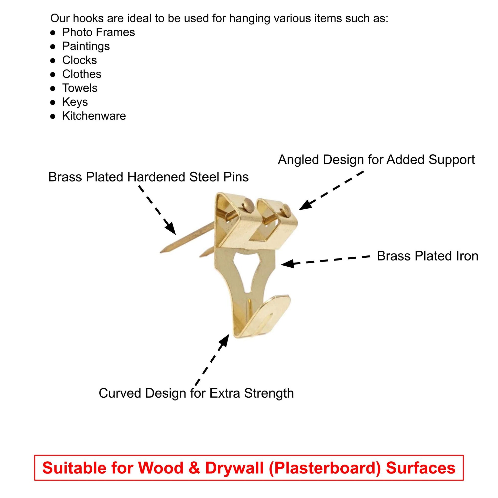 20x28mm Picture Hooks Frame Hangers Brass Plated with Steel Pins  - Made in Germany - Keay Vital Parts