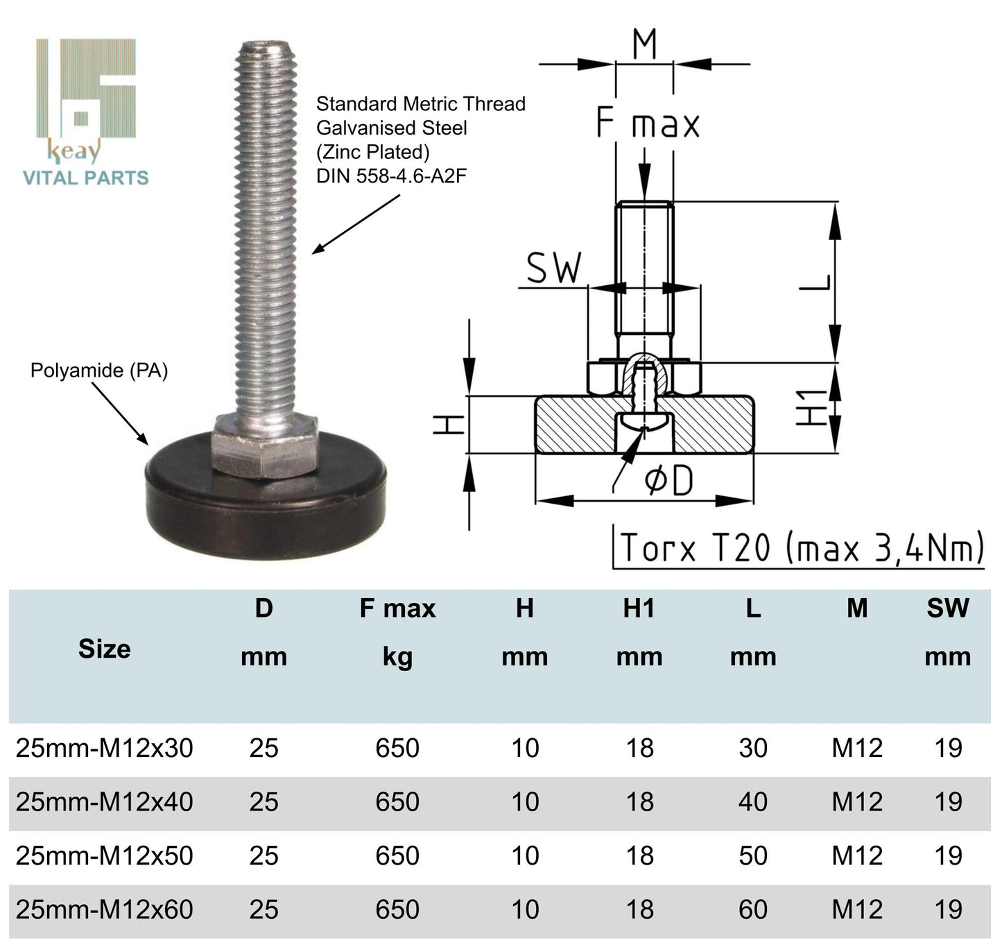 M12 Adjustable Levelling Feet, 25mm Base Various Thread Lengths Available - 650kg Weight Rated | Made in Germany | Keay Vital Parts