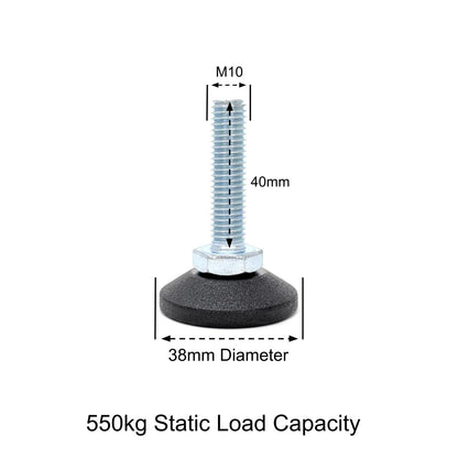 Adjustable Feet, 38mm Dia. Base, M10 40mm Thread, 550kg Static Load Capacity - Made In Germany - Keay Vital Parts