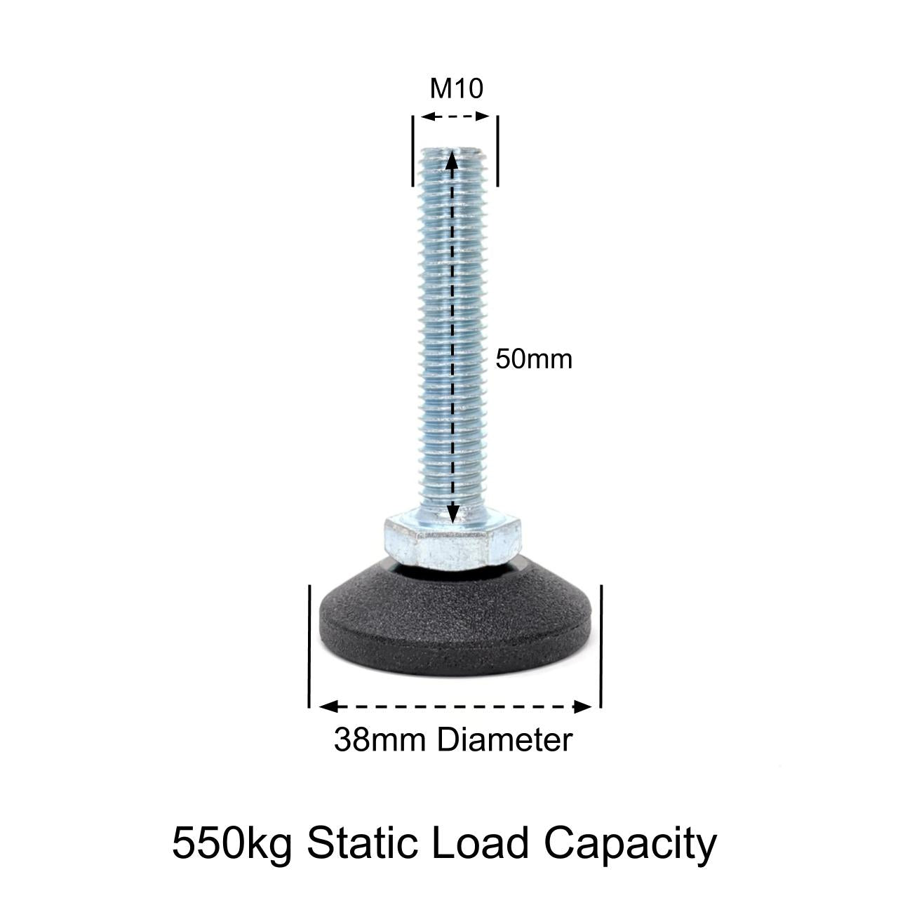 Adjustable Feet, 38mm Dia. Base, M10 50mm Thread, 550kg Static Load Capacity - Made In Germany - Keay Vital Parts