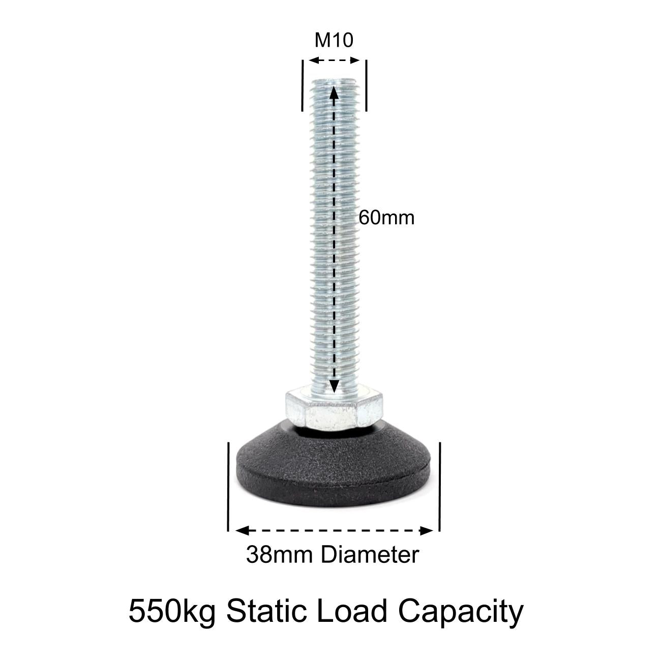 Adjustable Feet, 38mm Dia. Base, M10 60mm Thread, 550kg Static Load Capacity - Made In Germany - Keay Vital Parts