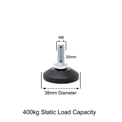 Adjustable Feet, 38mm Dia. Base, M8 20mm Thread, 400kg Static Load Capacity - Made In Germany - Keay Vital Parts