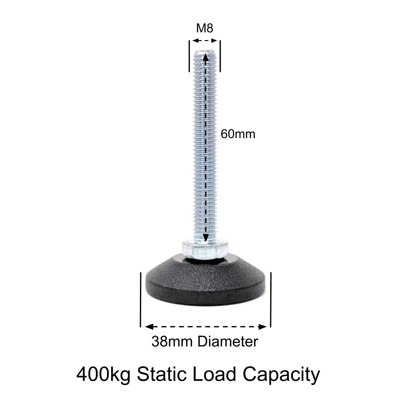 Adjustable Feet, 38mm Dia. Base, M8 60mm Thread, 400kg Static Load Capacity - Made In Germany - Keay Vital Parts