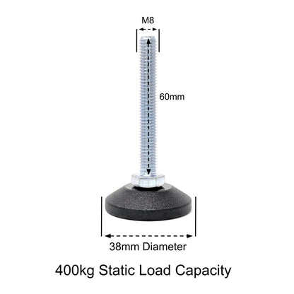 Adjustable Feet, 38mm Dia. Base, M8 60mm Thread, 400kg Static Load Capacity - Made In Germany - Keay Vital Parts