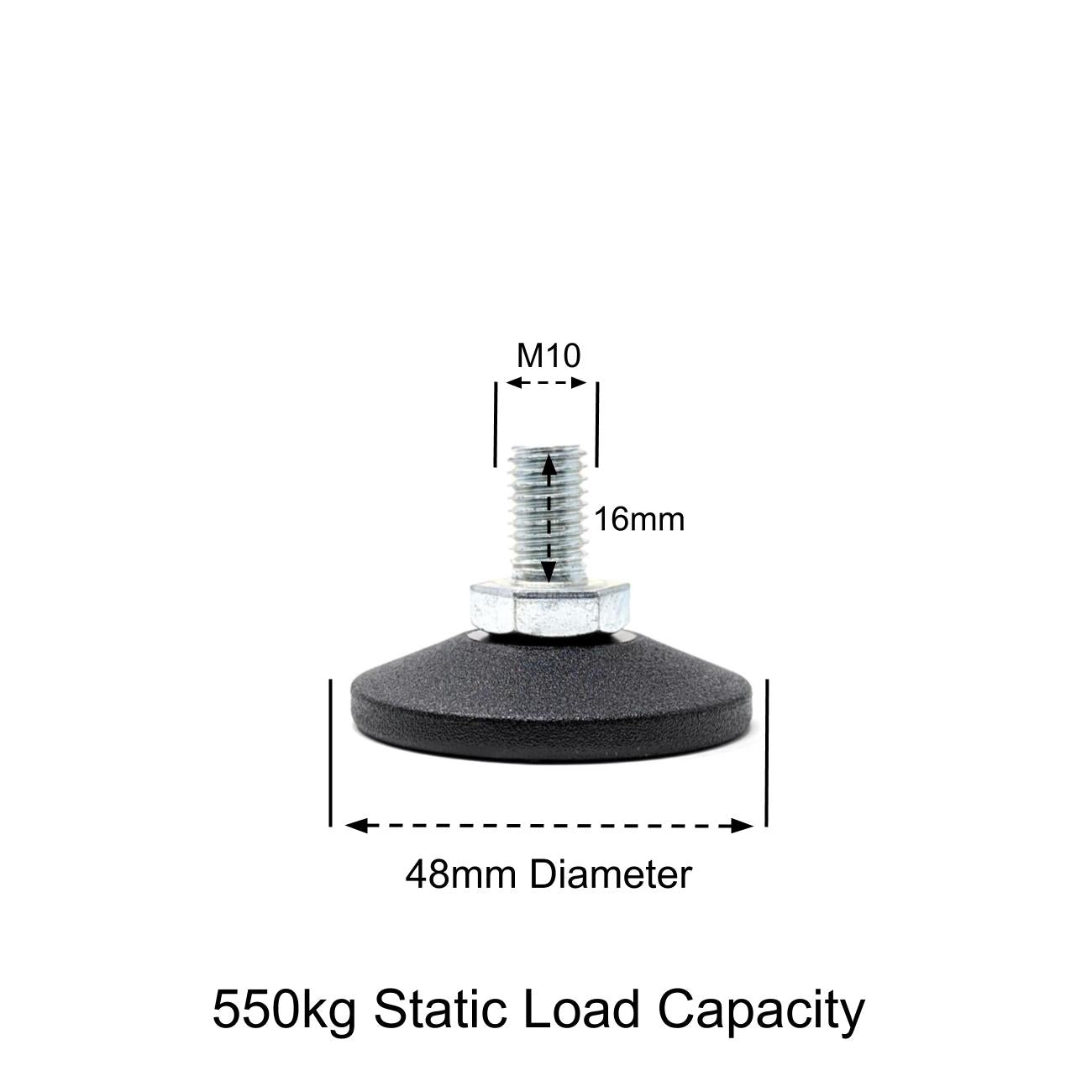 Adjustable Feet, 48mm Dia. Base, M10 16mm Thread, 550kg Static Load Capacity - Made In Germany - Keay Vital Parts