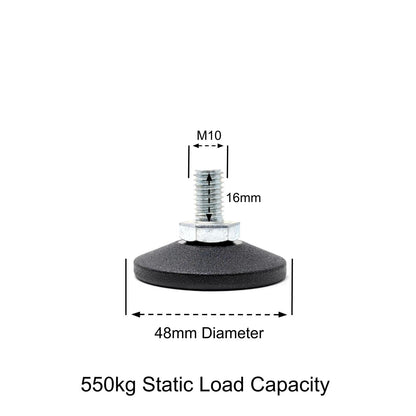 Adjustable Feet, 48mm Dia. Base, M10 16mm Thread, 550kg Static Load Capacity - Made In Germany - Keay Vital Parts