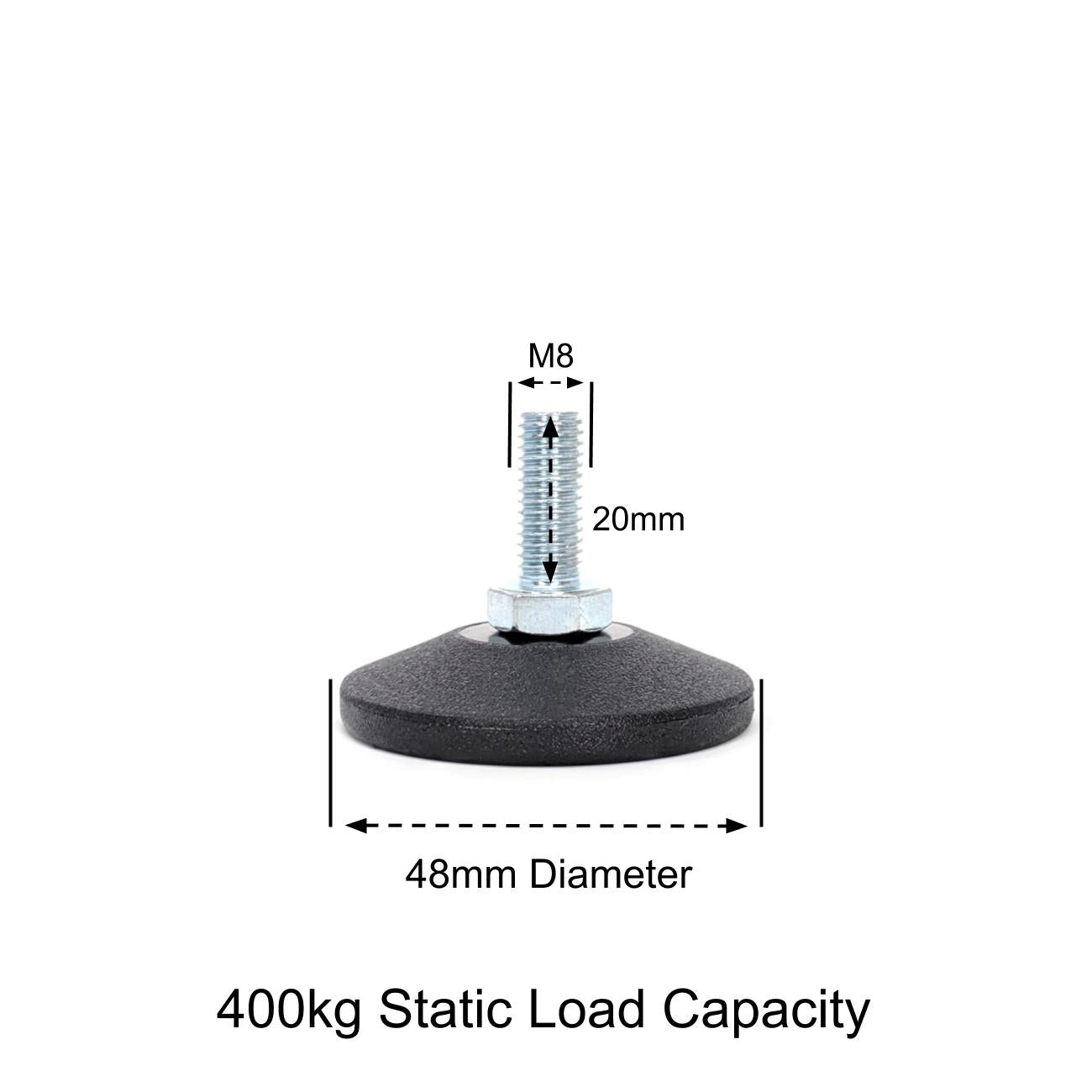 Adjustable Feet, 48mm Dia. Base, M8 20mm Thread, 400kg Static Load Capacity - Made In Germany - Keay Vital Parts