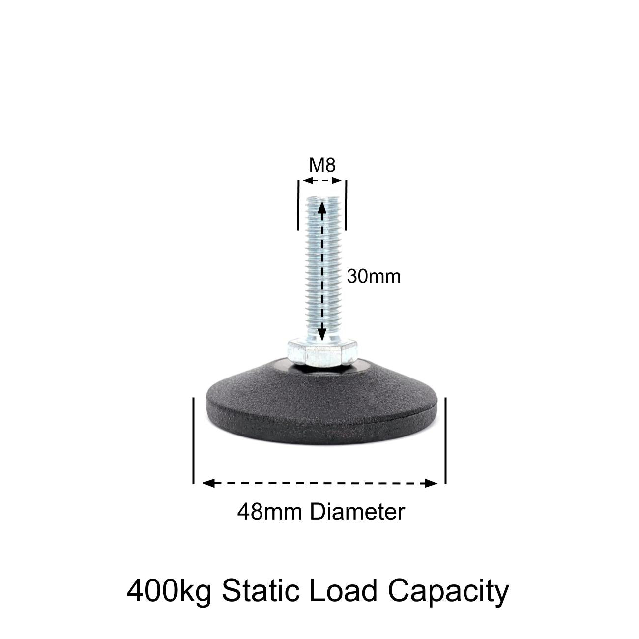 Adjustable Feet, 48mm Dia. Base, M8 30mm Thread, 400kg Static Load Capacity - Made In Germany - Keay Vital Parts