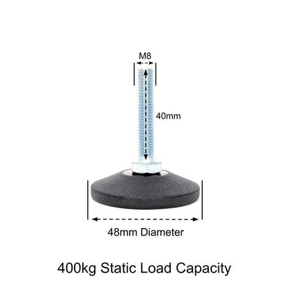 Adjustable Feet, 48mm Dia. Base, M8 40mm Thread, 400kg Static Load Capacity - Made In Germany - Keay Vital Parts