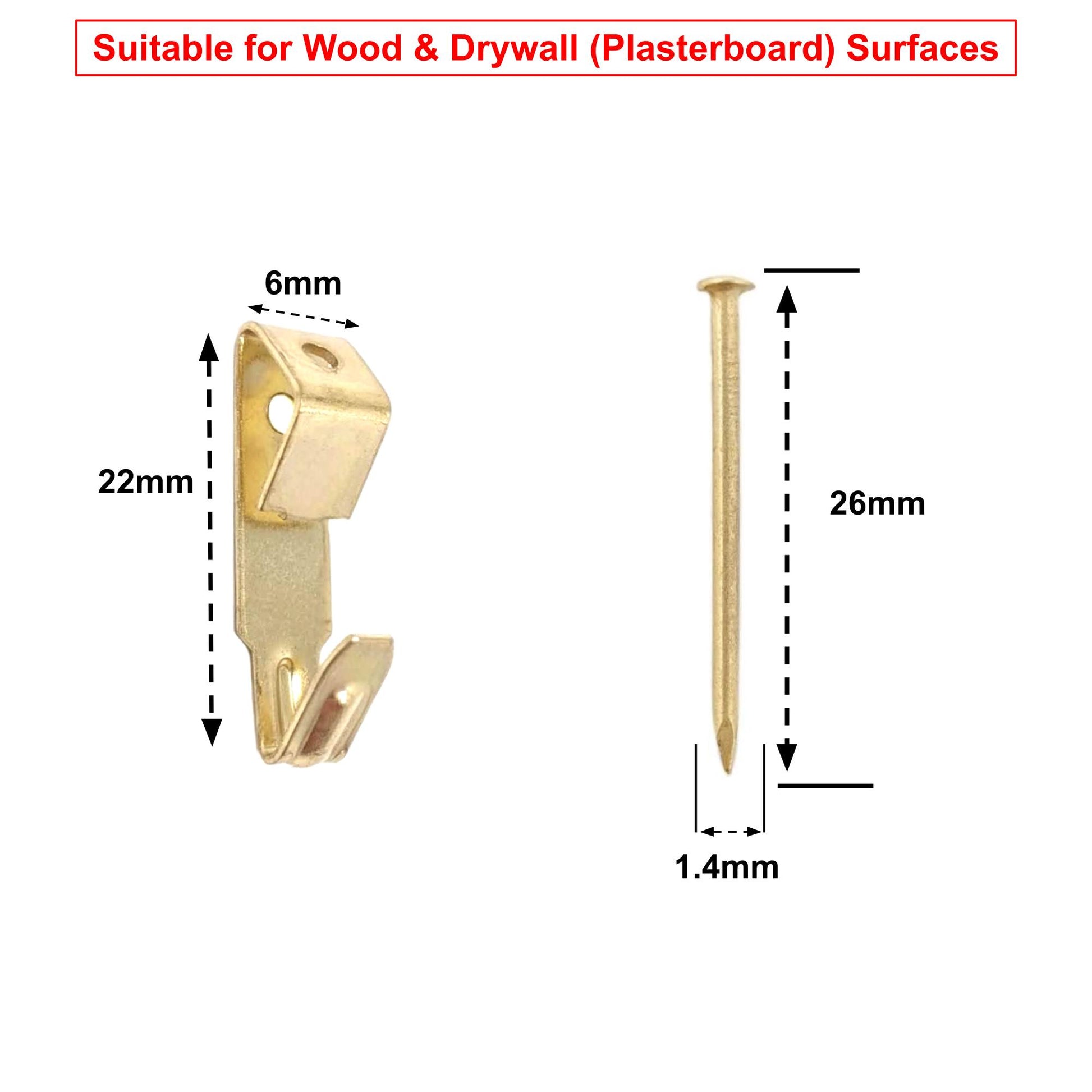 6x22mm Picture Hooks Frame Hangers Brass Plated with Steel Pins  - Made in Germany - Keay Vital Parts