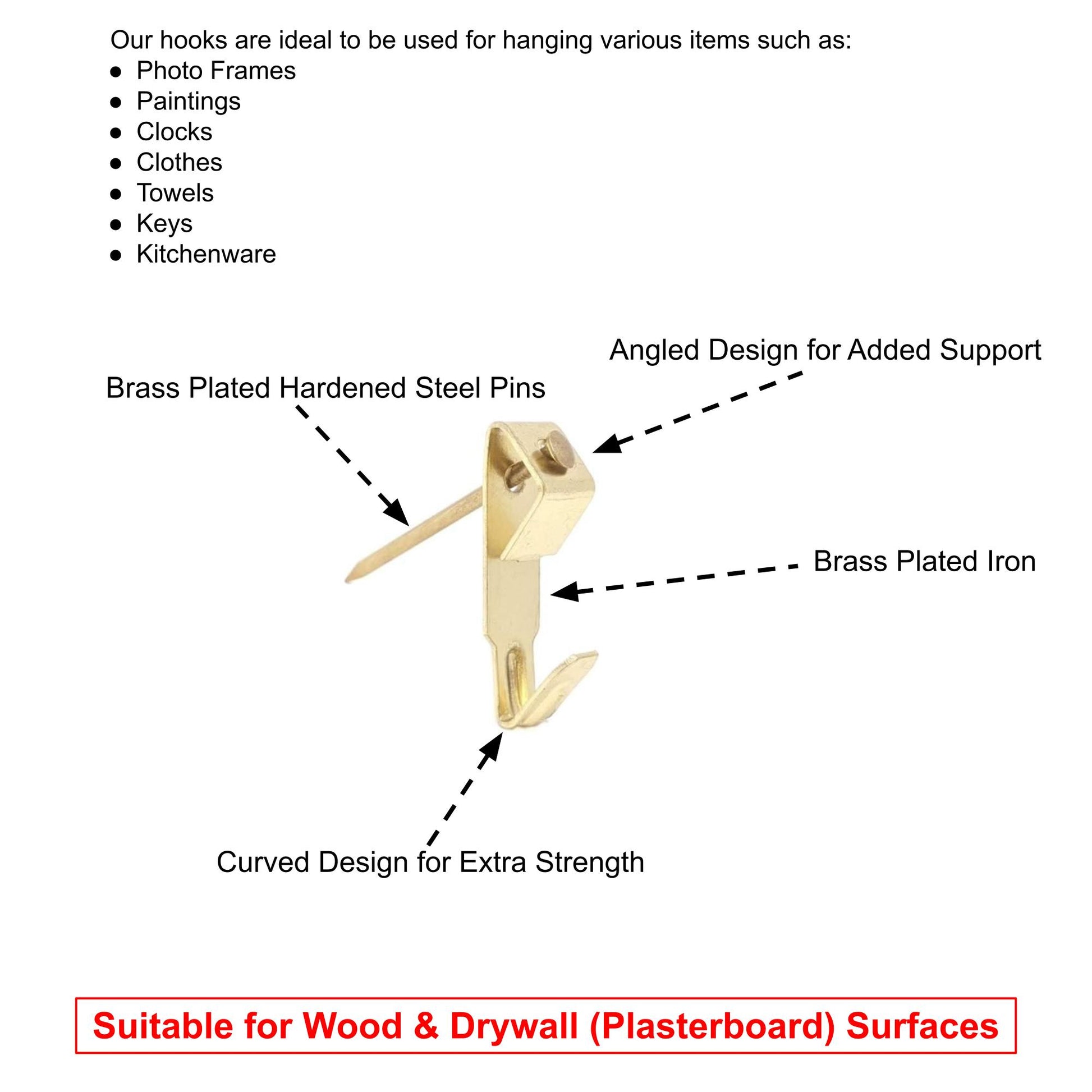 6x22mm Picture Hooks Frame Hangers Brass Plated with Steel Pins  - Made in Germany - Keay Vital Parts