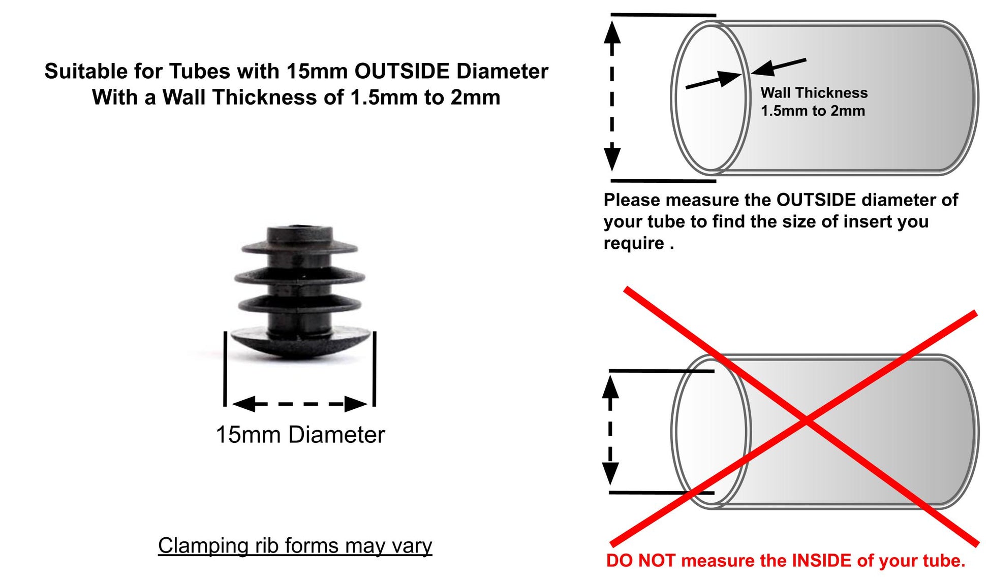 Thin Head Round Tube Insert 15mm Black  | Made in Germany | Keay Vital Parts - Keay Vital Parts