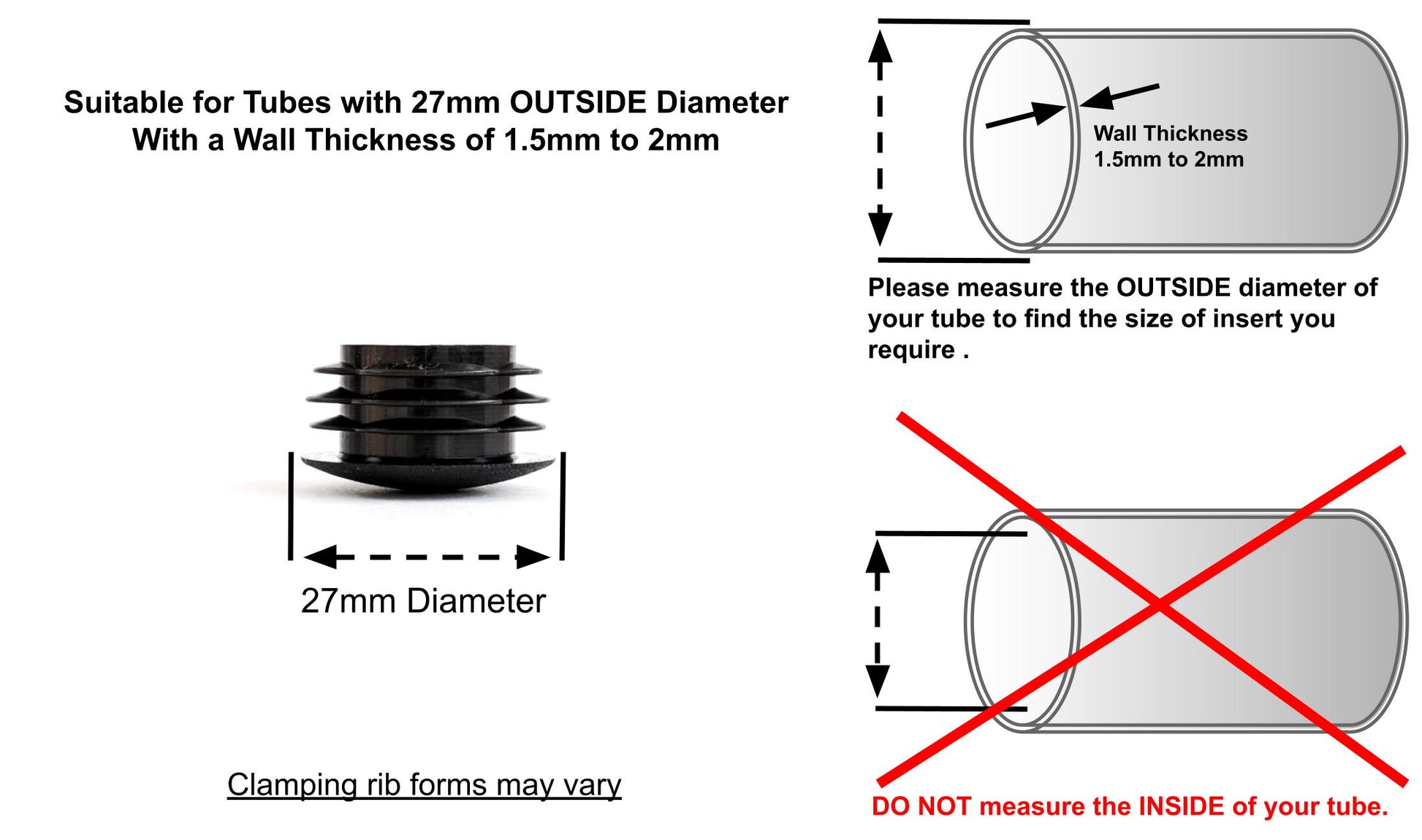 Thin Head Round Tube Insert 27mm Black  | Made in Germany | Keay Vital Parts - Keay Vital Parts