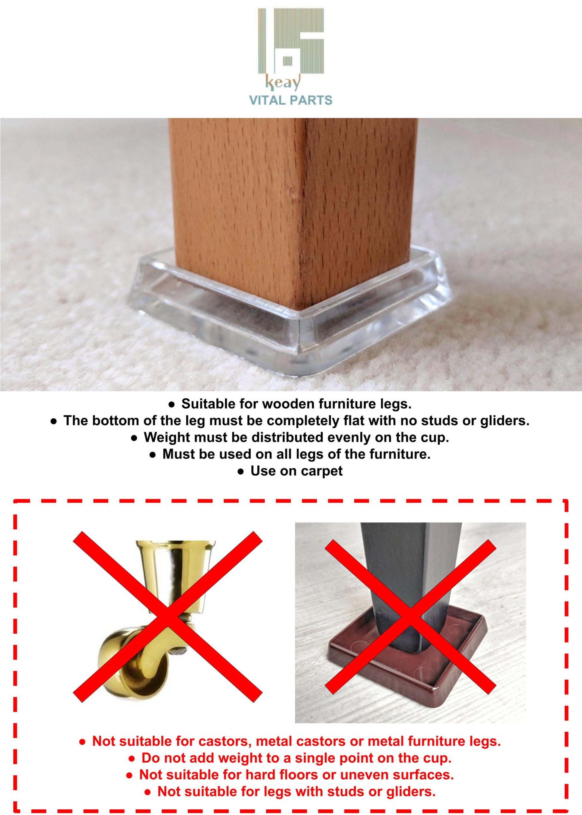 60x60mm Clear Square Furniture Leg Cups Floor Carpet Protector - Made in Germany - Keay Vital Parts